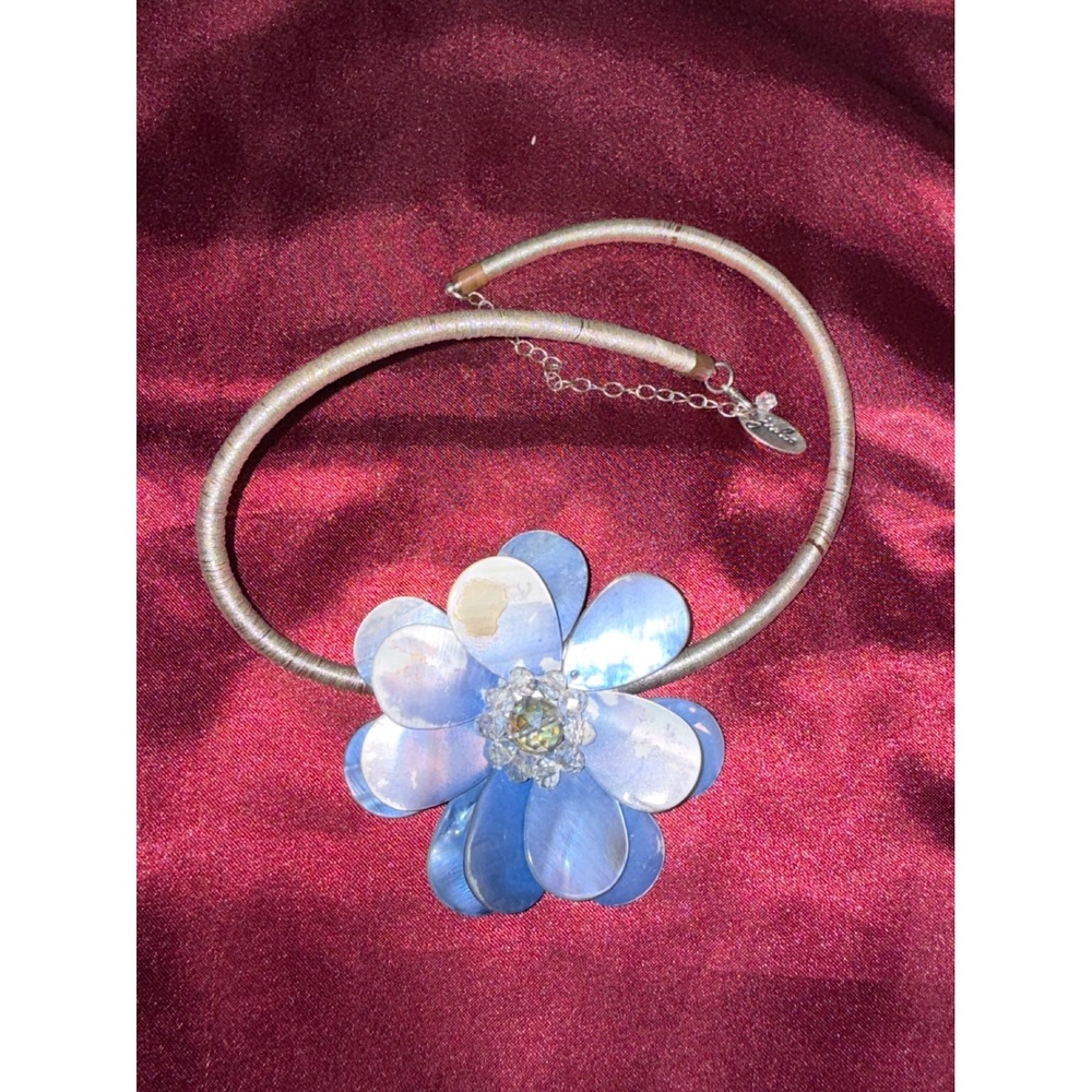 Giallo Blue Mother of Pearl Flower Statement Necklace Silver Metallic Cord